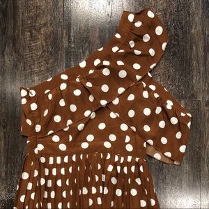chocolate polka dot one shoulder ruffle detail pleated midi dress
